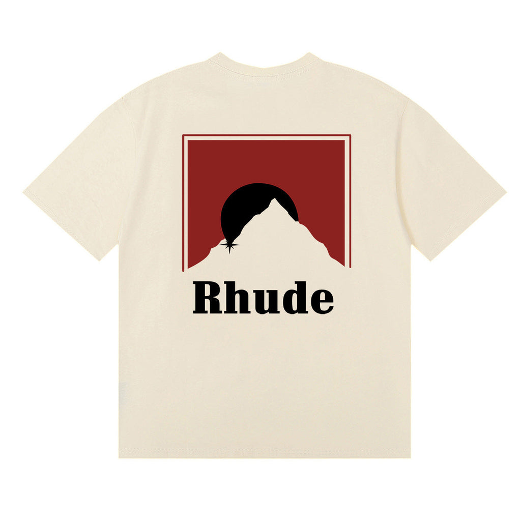 Rhude T-shirt Letter Snow Mountain Sunset Pattern Short Sleeve T-shirt