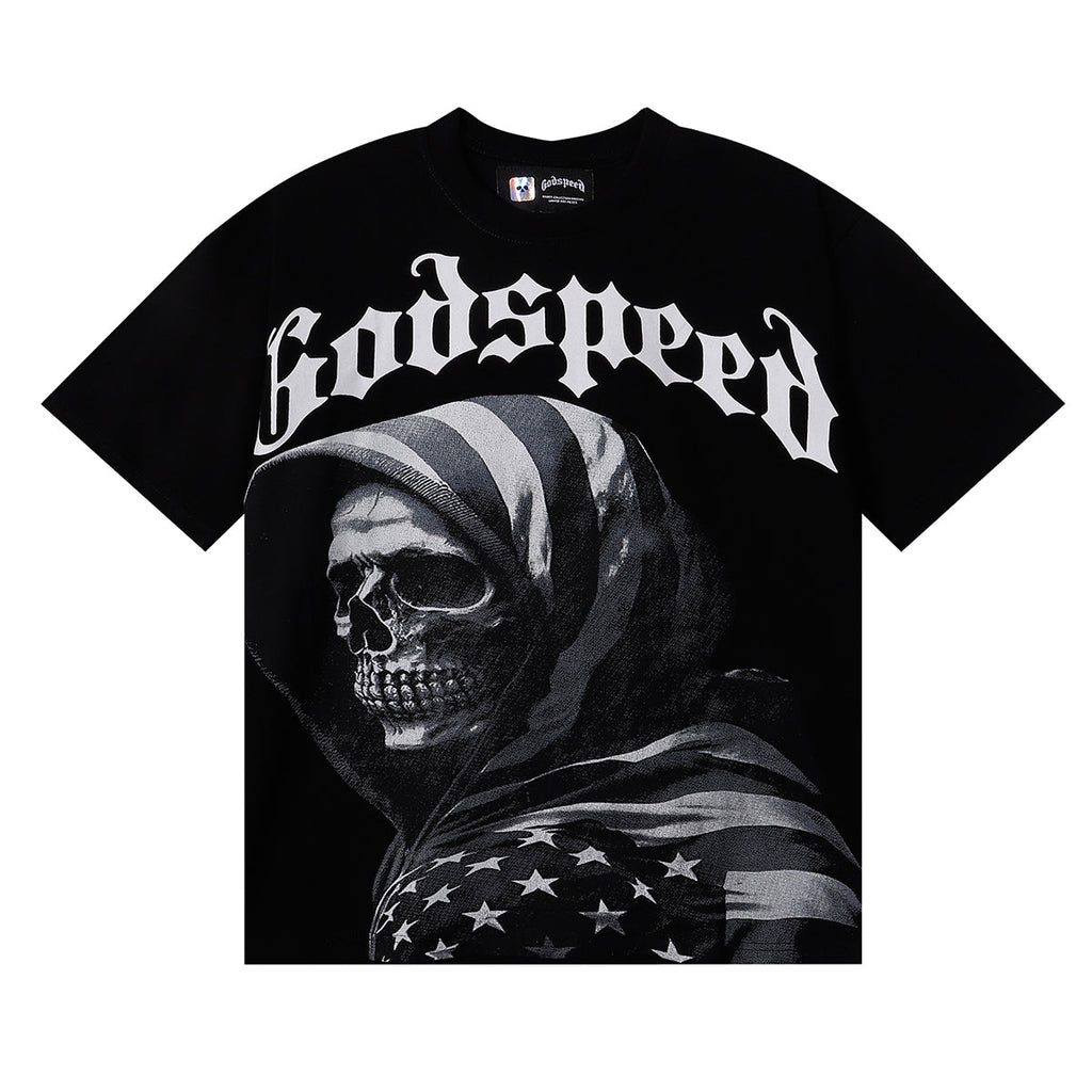 Godspeed T-shirts American Flag Skull Print Cotton Casual Short Sleeves Men and Women